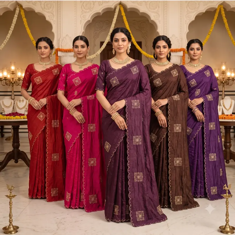 Embroidered HO Silk Saree with Heavy Scallop Border and Designer Blouse