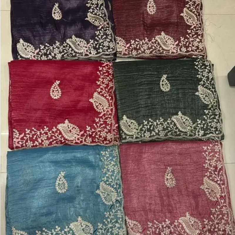 Embroidered Gold Crush Silk Saree with Paisley Scalloped Border and Designer Blouse