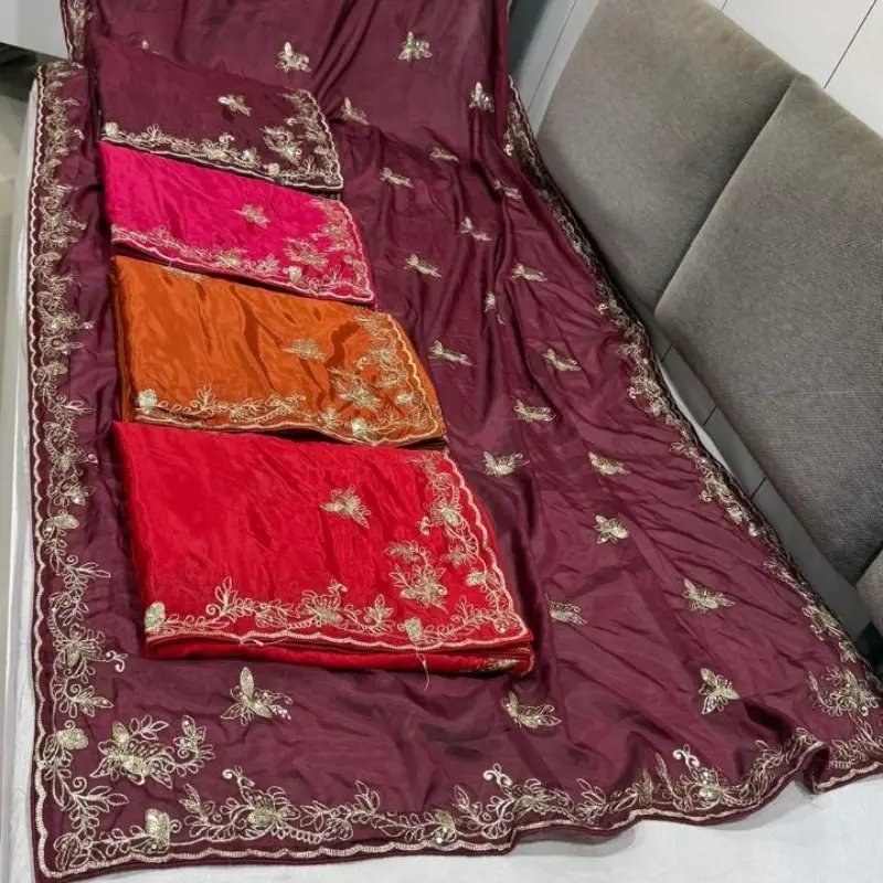 Embroidered HO Silk Saree with Floral Zari Cutwork Scalloped Border and Buttis