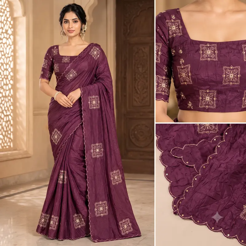 Embroidered HO Silk Saree with Heavy Scallop Border and Designer Blouse